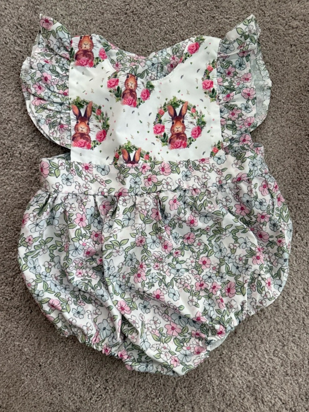Floral Bunny Baby Romper - Pink & Green